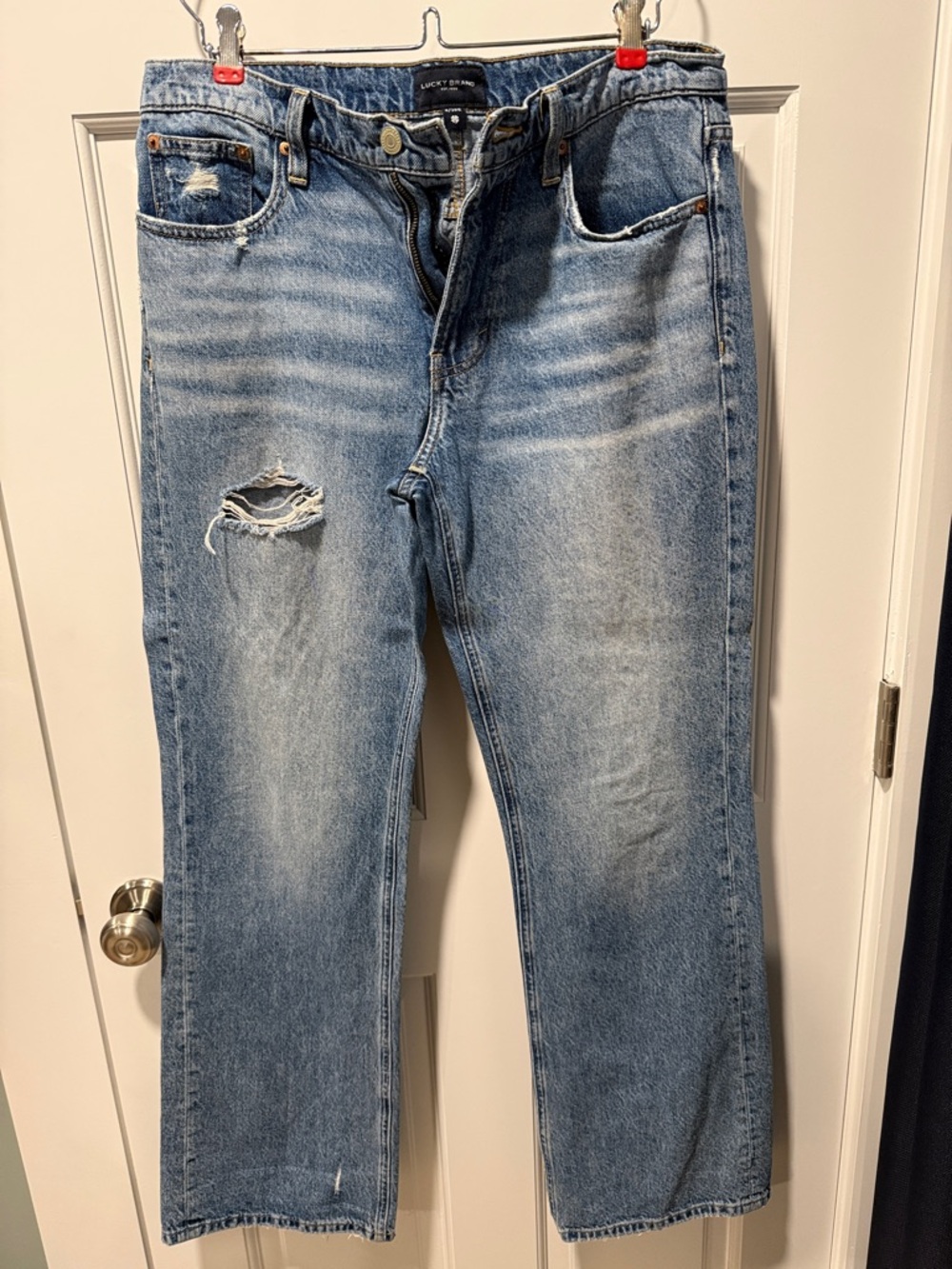 Lucky Brand Boyfriend Jeans, Mid Rise Flare, Light Distressed Blue